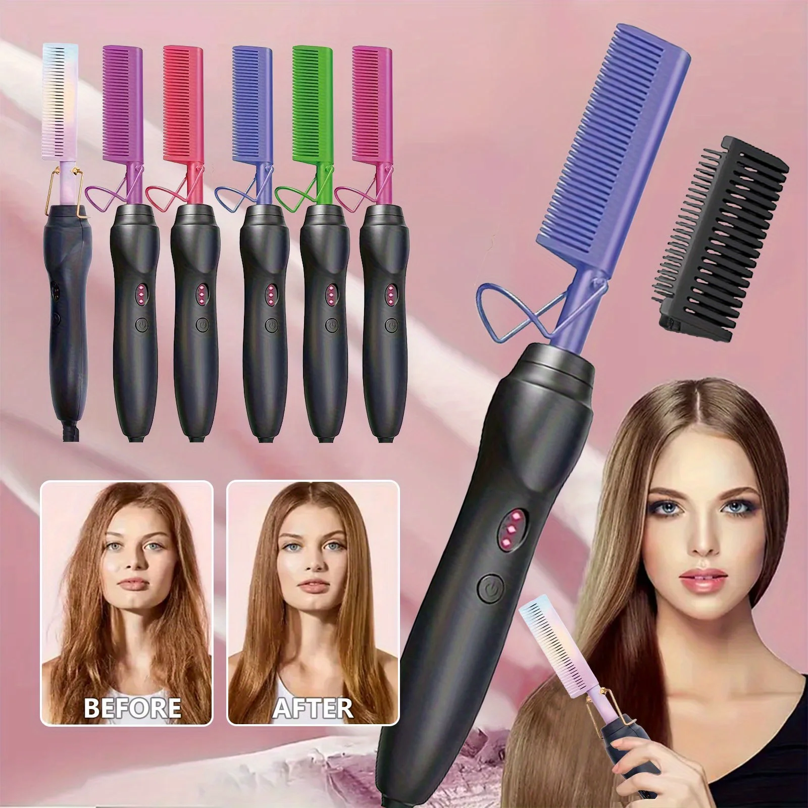 Colorful Hot Brush Straightener & Heat Styling Comb - Magnetic Ceramic Electric Straightening Comb and Curling Iron