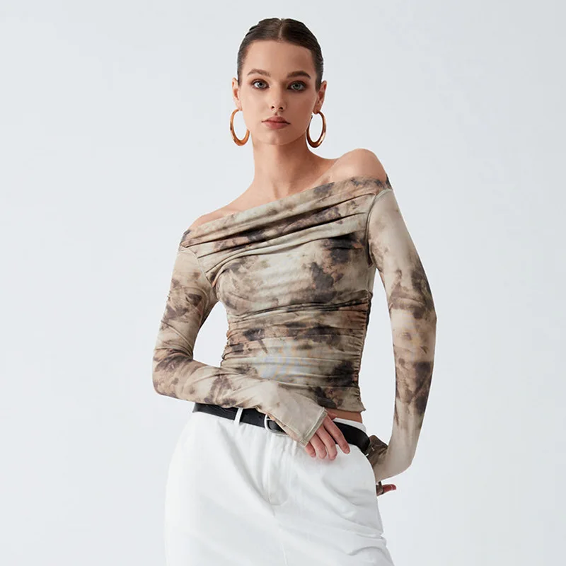 2024 Frühling neue bedruckte Slash Kragen Langarm rücken freie Schrumpfung Top T-Shirt Mesh durch elegante Top lässig sehen