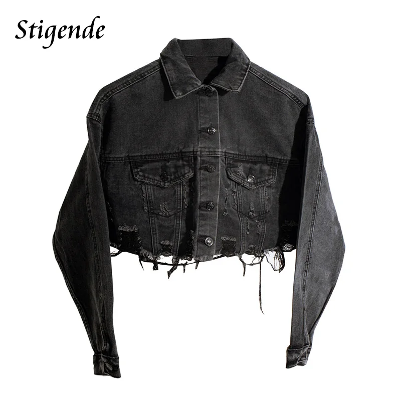 Stigende Women Single Breasted Shredded Jeans Short Coat Ripped Crop Denim Jacket Long Sleeve Turn Down Collar Button Tops