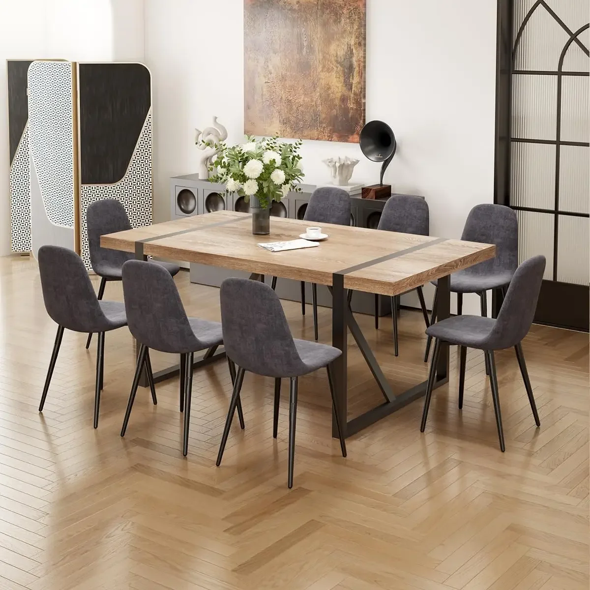 9 Piece Dining Table Set for 8,Modern 71'' Rectangle Wood Dining Table and Fabric Dining Chairs 8,Kitchen Table and Chairs for 8