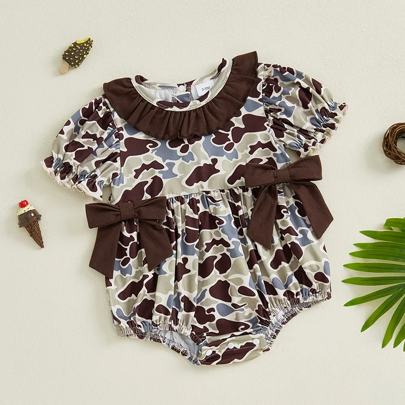 الرضع طفلة رومبير جولة الرقبة قصيرة الأكمام التمويه المطبوعة ارتداءها الوليد Playsuit طفل الملابس