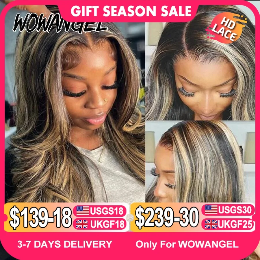 Wow Angel-Perruques Body Wave en surbrillance, Perruque à fermeture en dentelle HD, Blond miel, Perruque 250% sans colle, Cheveux humains, Prêt à