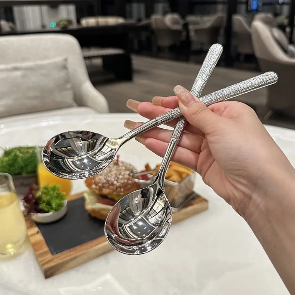 Stainless Steel Drinking Soup Spoon Long Handle Round Head Hammer Pattern Dessert Spoons Western Restaurant Spoon Korean Spoon