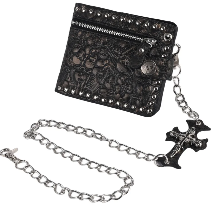 

Men‘s PU Leather Wallet Punk Metal Chain Wallet Retro Skull Rivets Zipper Clutch Wallet Money Clip Folded Purse