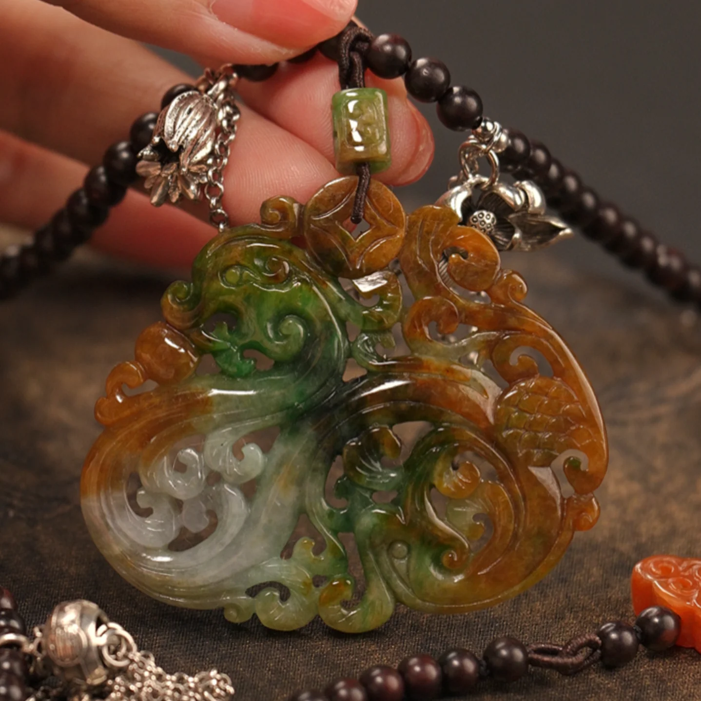 Natural Burmese Jadeite from Old Mines, Three-Color Full-Color Hollow-Carved Double-Sided Double Dragon Jade Pendant, a Heirloom Treasure