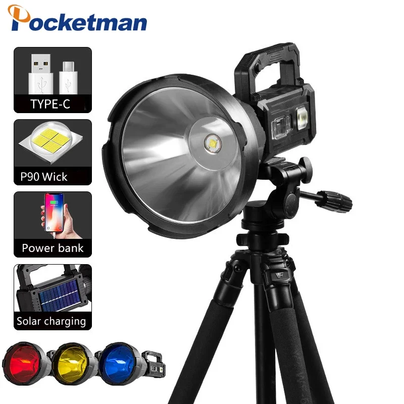 

New Multi-Function P90 Searchlight 100W Strong Light Flashlight Solar Rechargeable Portable Lamp With Multi-Color Filter