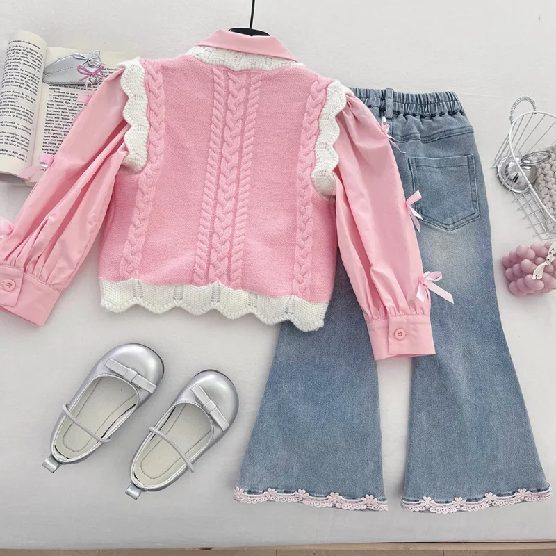 

Girls Autumn Knitted Vest Set2025New Style Fashionable Vest and Flared Jeans Three-Piece Set for Girls