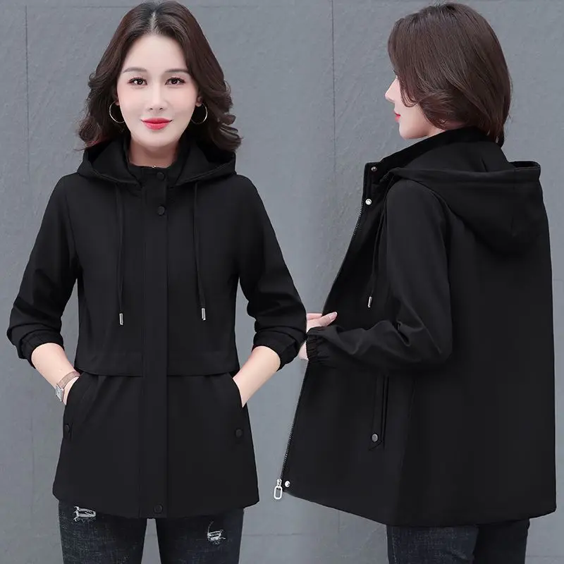 Authentic Windbreaker Coat Women's 2026 Spring Autumn New Long Hooded Jacket Fashion Western Mother Outwear Ladies Slim Overwear