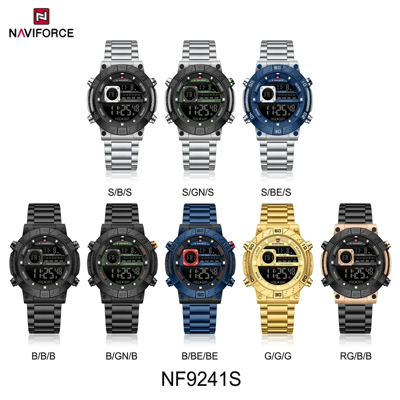 นาฬิกาข้อมือดิจิตอล NAVIFORCE สำหรับผู้ชาย ดีไซน์หรูหรา พร้อมไฟ LED แสดงผลในเวลากลางคืน กันน้ำ 3ATM สายสแตนเลสสตีล นาฬิกาสำหรับผู้ชาย