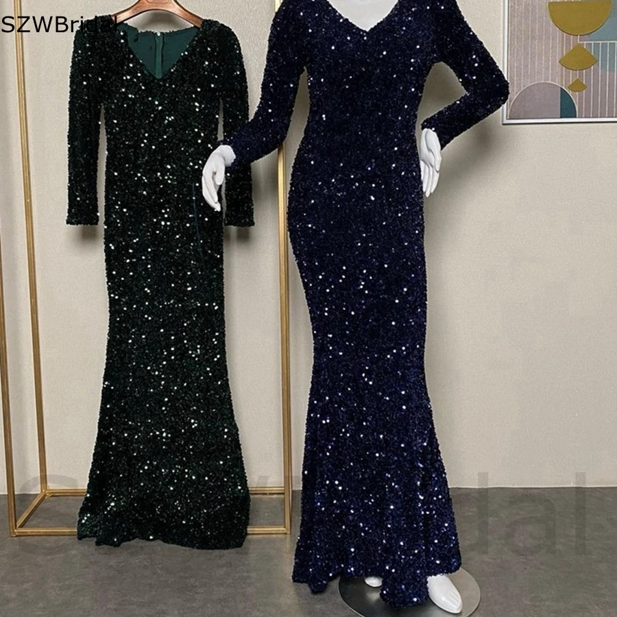 Vestido de noche de manga larga con cuello en V hecho a medida Dubai Arabia fiesta de encaje de lentejuelas para mujer 2025 Vestidos de noche vestidos de fiesta