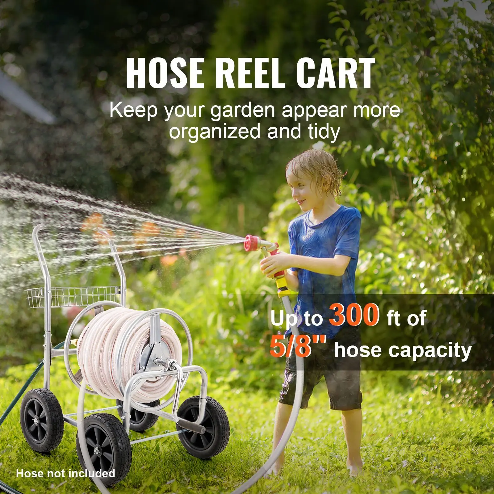 

Mobile Garden Hose Reel Cart 4 Wheels Powder-coated Steel 300ft 5/8" Hose Capacity with Storage Basket Outdoor Yard