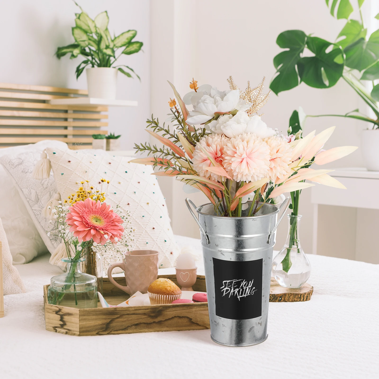 

Waterproof Blackboard Decal Bucket Flower Containers Ashtray Display Silver Tub Metal Vase Jug