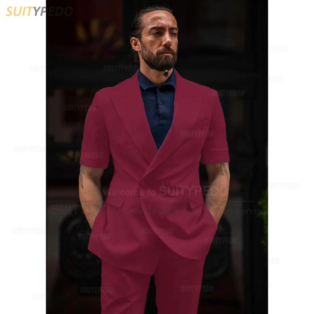 Fashion White Men Suit Sets Casual Party Blazer Pants 2 Pieces Wedding Tailor-made Slim Fit Elegant Short Sleeve Jacket Tuxedo