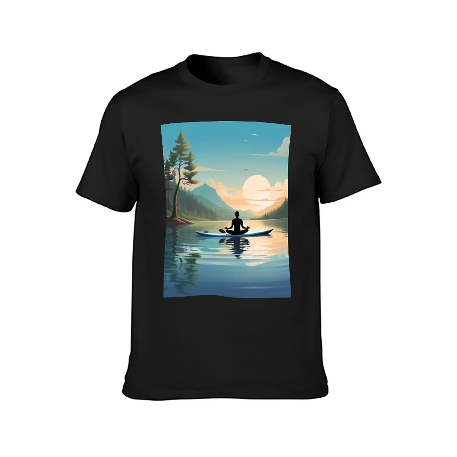 A paddle boarder doing yoga on his boat in the middle of a calm lake T-Shirt Blouse tops mens plain t shirts