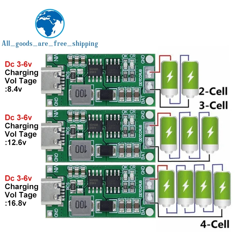 18650 Lithium Battery Multi-Cell 2S 3S 4S Type-C To 8.4V 12.6V 16.8V Step-Up Boost LiPo Polymer Li-Ion Charger 7.4V 11.1V 14.8V