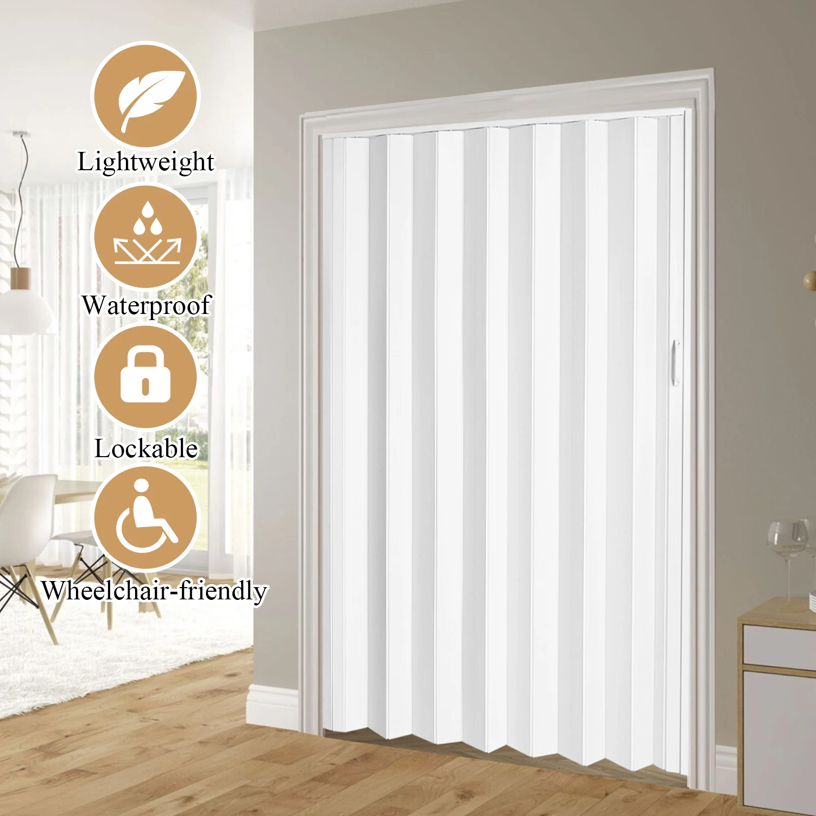 باب أكورديون PVC باب أكورديون منزلق 60 × 80 بوصة، مع أجهزة تركيب، مقبض، قفل لغرفة النوم والمعيشة