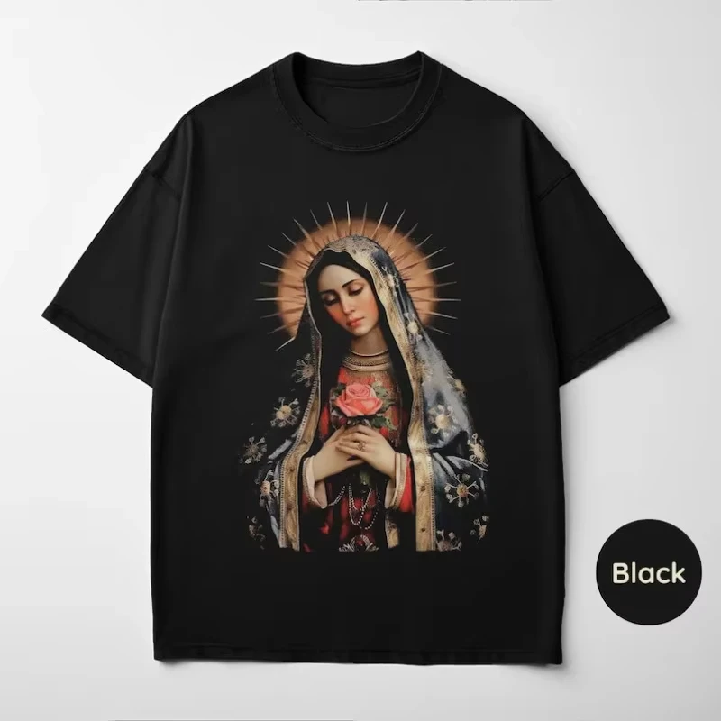 Summer Women's Vintage Virgin Mary Print T-shirt Unisex Cotton and Breathable Short Sleeve Streetwear Oversized Loose Casual