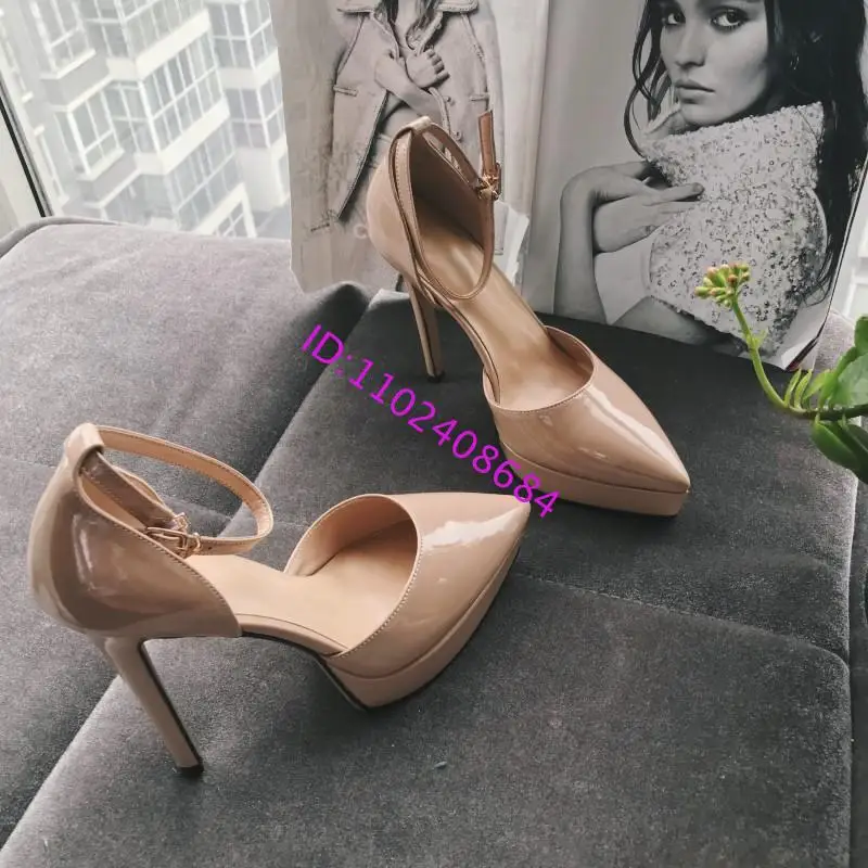 Design Women 12Cm High Heel Pointed Toe Platform Sandals Sexy Lady Patent Leather Pointy 12Cm Heel Buckle Platform Sandals