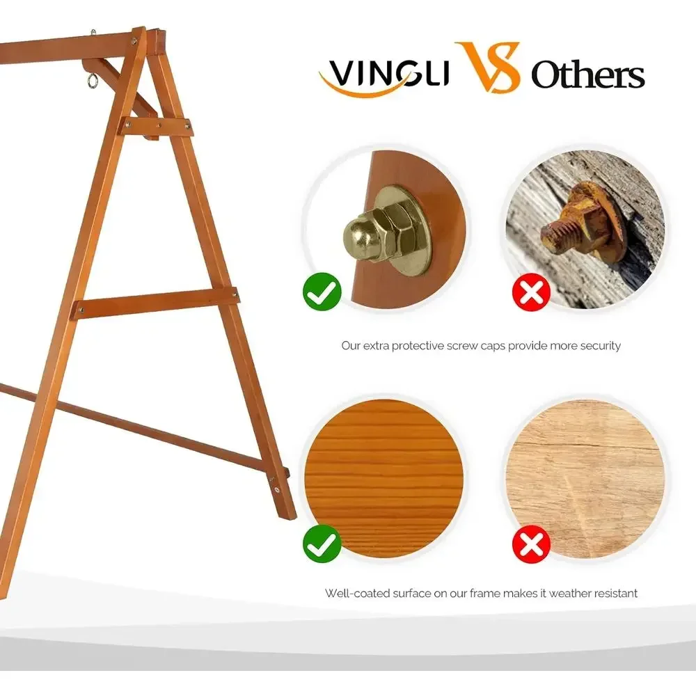 Sturdy 6.2T Wooden Porch Swing with Stability Bar or Heavy-Duty Hanger for Patio and Garden