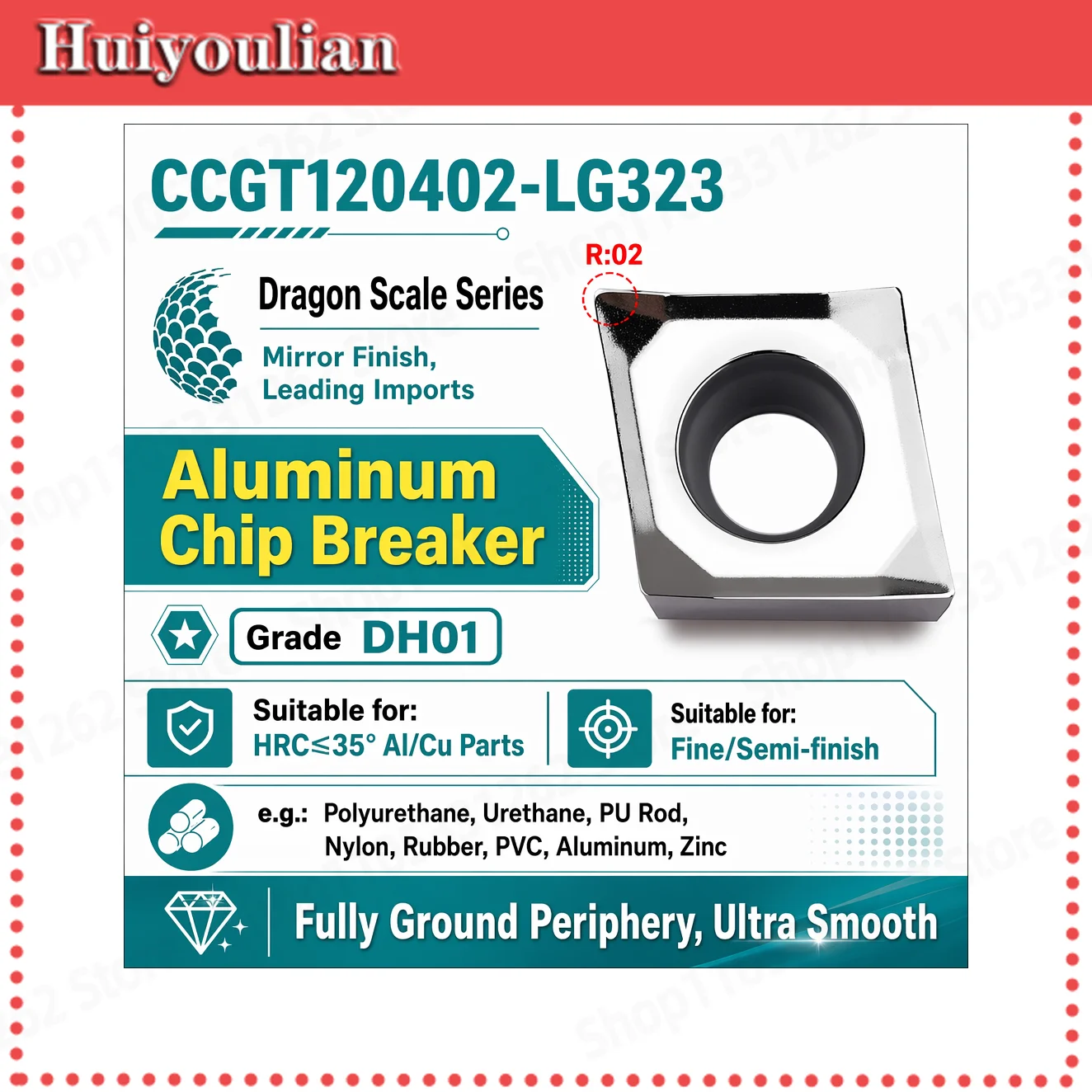CCGT120402-LG323 CNC Lathe Boring Insert for Al Cu Chip Breaker Fully Ground Super Finish Max HRC35 Finishing Semi-finishing