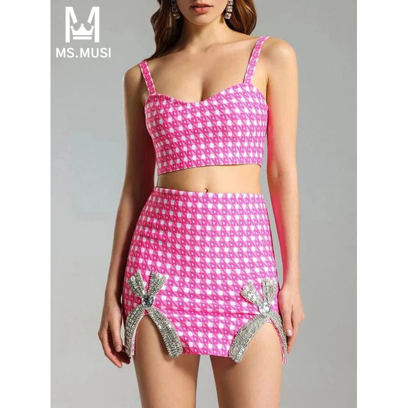 MSMUSI 2024 New Fashion Women Sexy Plaid Two Piece Set Bodycon Party Strap Top Diamond Crystal Pearl Short Mini Skirt Set Suit