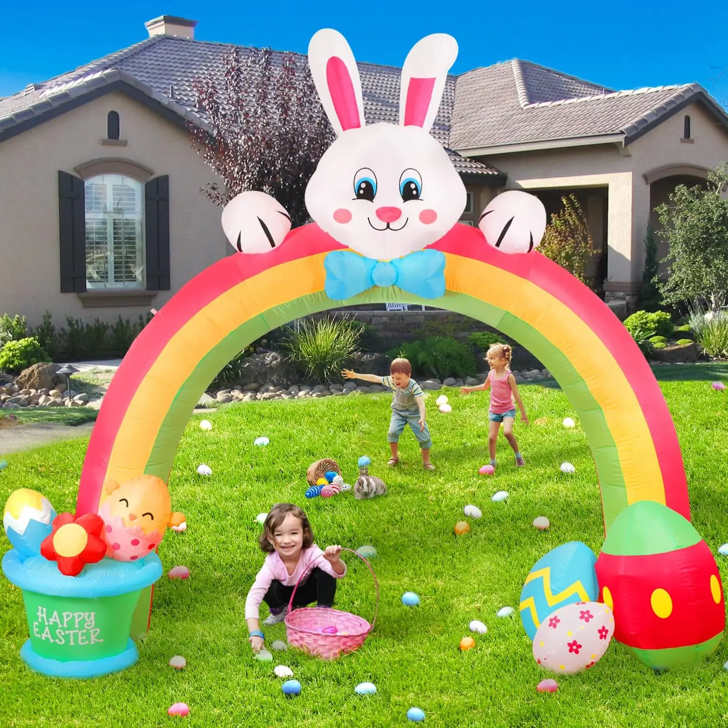 10FT Easter Inflatable Bunny Archway Decorations with Easter Eggs LED Light Blow Up Yard Decorations Outdoor Holiday Party Toys