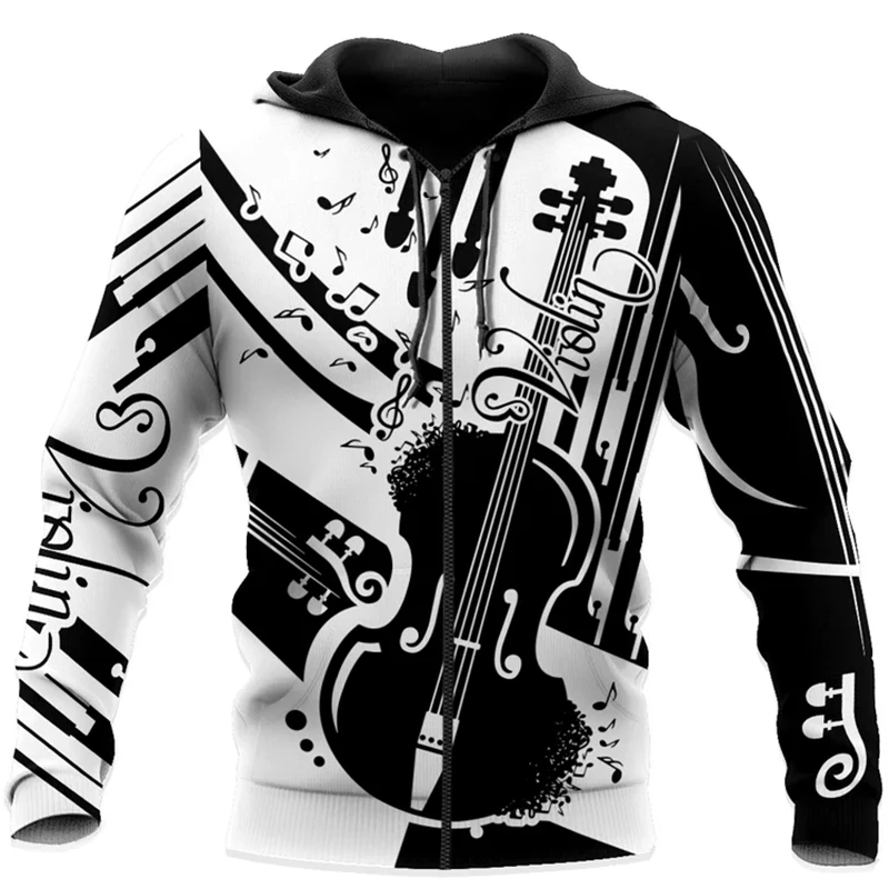 Vintage Hoodies For Men Violin Musical Instrument Pattern 3d Print Tops Autumn Spring Casual Long Sleeve Oversized Zipper Hoodie