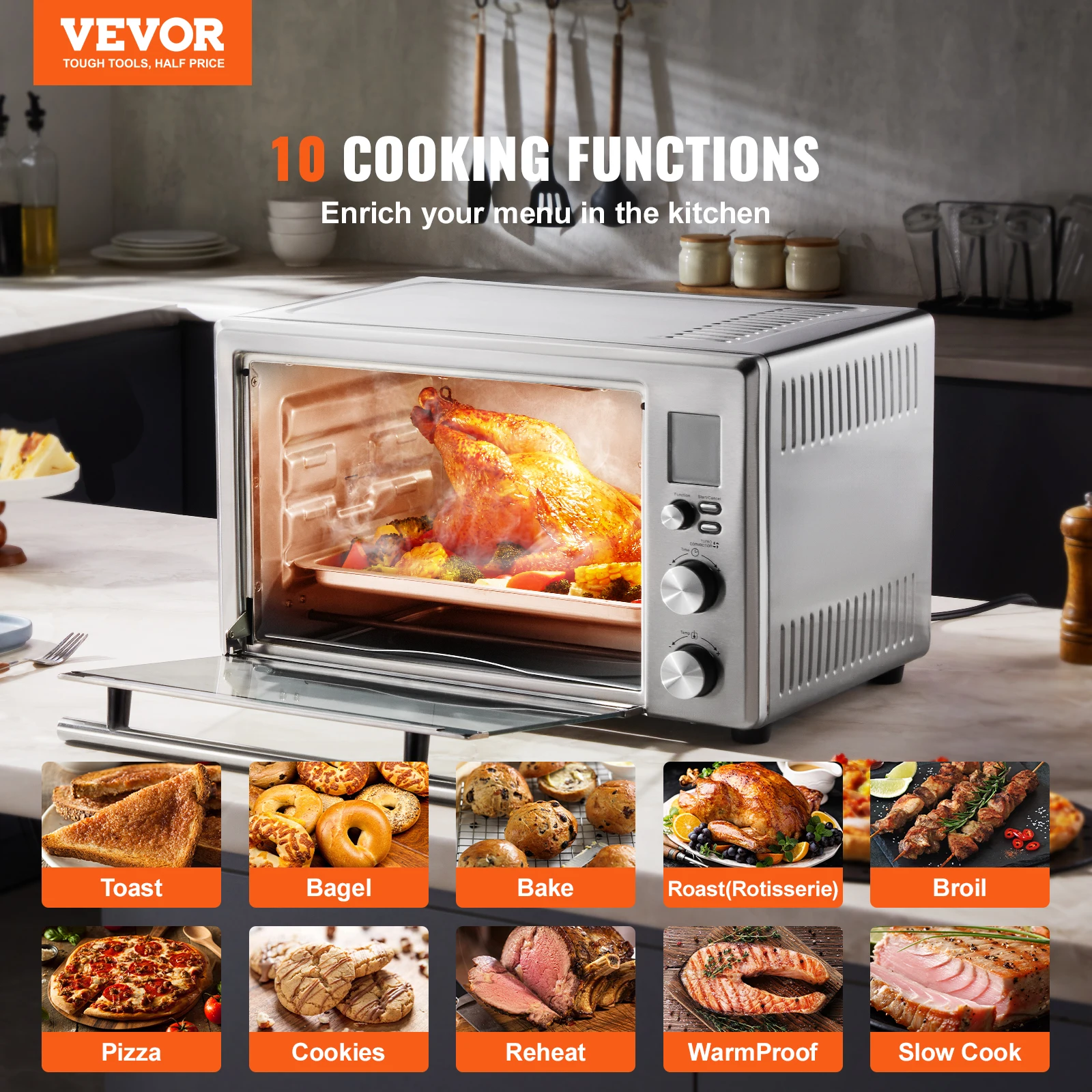 VEVOR 10-IN-1 Convection Oven, 28L/29.6Qt Multifunctional Conventional Oven Countertop, 1800W 4-Tier Toaster