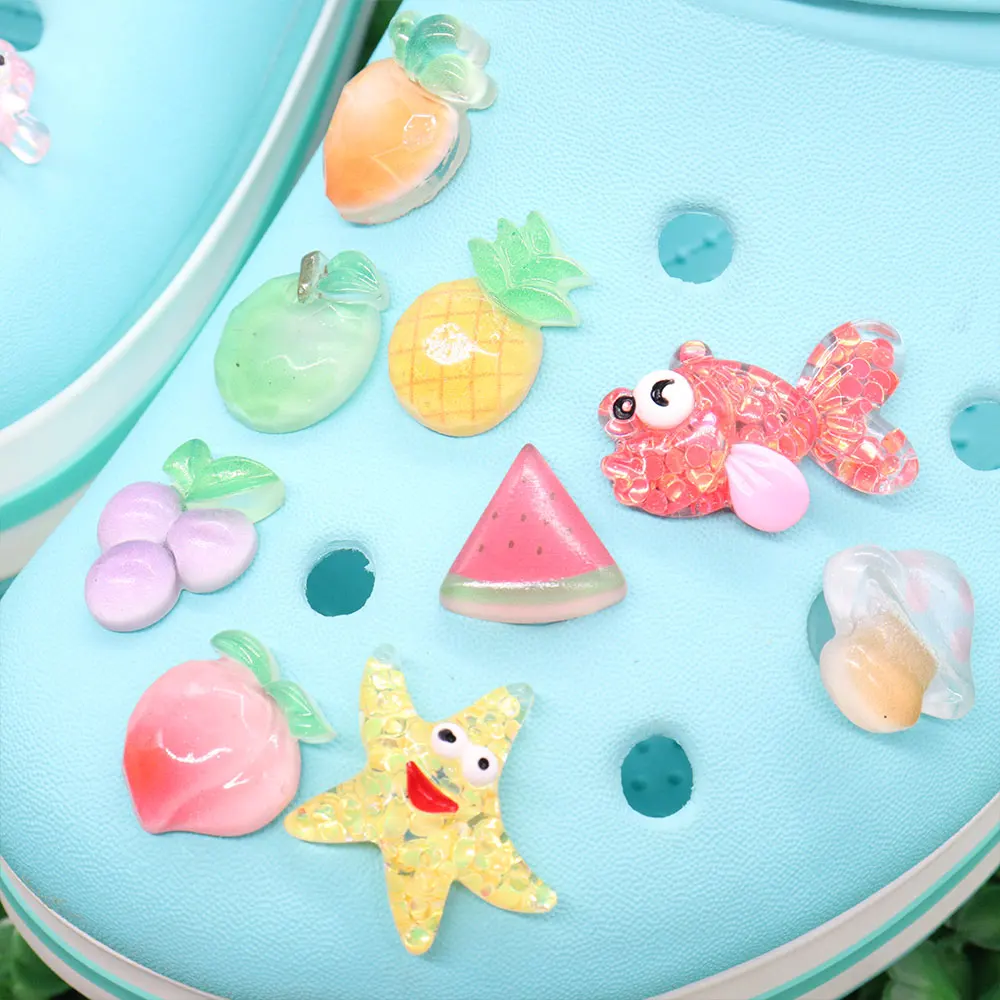 50Pcs Wholesale Resin Mix Pineapple Watermelon Fruits Shoes Button Charms Starfish Decorations DIY Kids Backpack