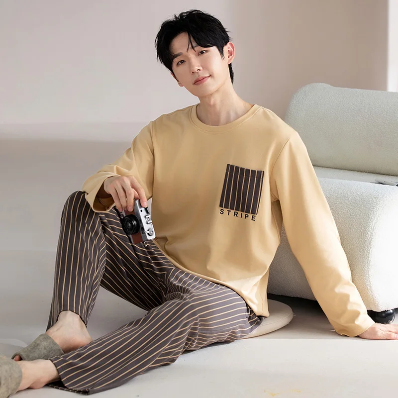 

Мужской пижамный комплект больших размеров L-3XL из 100% хлопка для весны и осени, свободный повседневный домашний костюм