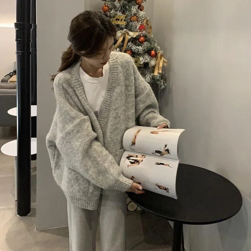 Lucyever Gray Sweater Cardigan for Female Harajuku Lazy Style Soft Knitted Cardigans Women Casual All-Match Loose Knitwear Coat