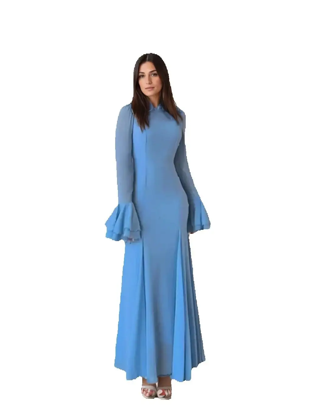 

Elegant Summer Chiffon Long Dress With Long Flare Sleeves