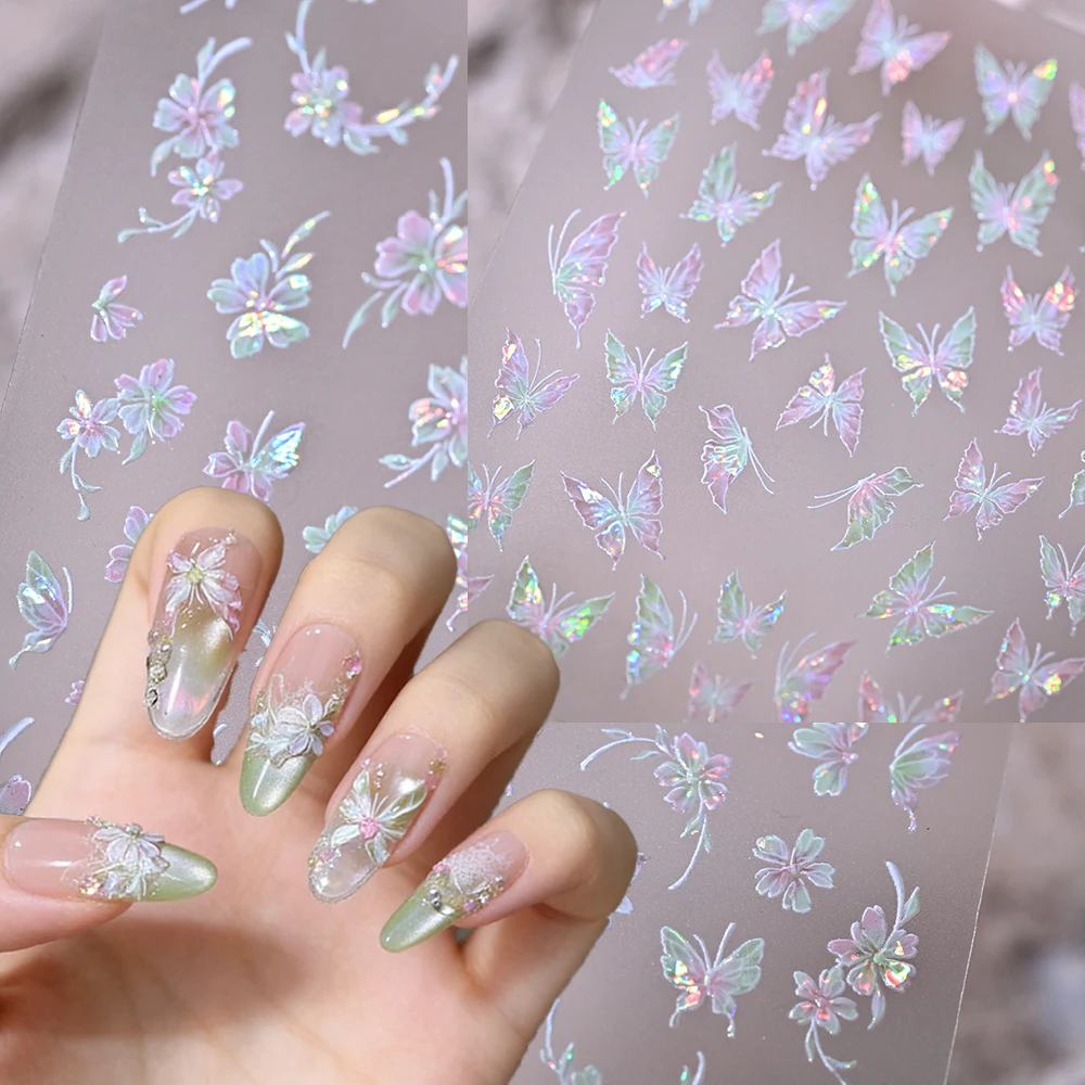 

1pcs Aurora Shell Butterfly Flower Nail Stickers 5D Embossed Iridescent Green Pink Chic Flower Adhesive Nail Art Decals Decorat