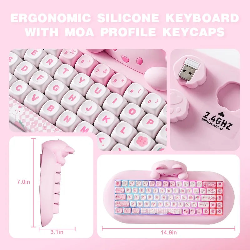 Imagem -04 - Mifuny-teclado Mecânico de Silicone Cat Hot Swap Rgb Backlight bt 5.0 2.4g com Fio Rgb Tri Mode Bonito Rosa Girl Gaming pc