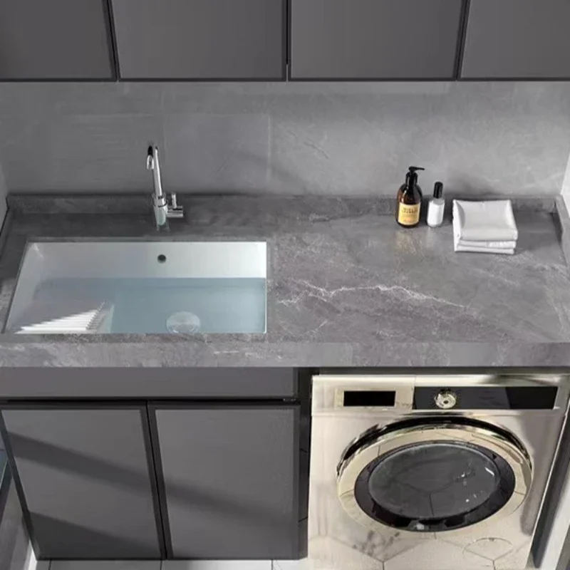 

Balcony rock slab washing integrated cabinet with 2 ceramic basin washing machine significant space cabinet