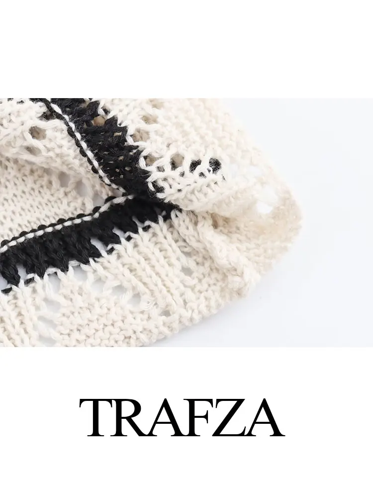 TRAFZA Women Casual Cropped Sweater Long Sleeve O Neck Hollow Knitted Pullover Top Female Vintage Fashion Chic Top Y2k Sweaters