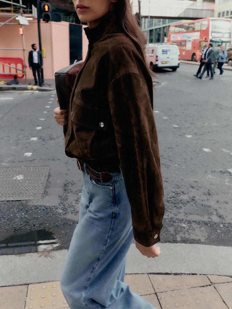 

European and American style women's autumn new fashion casual versatile suede leather workwear pilot jacket top coat