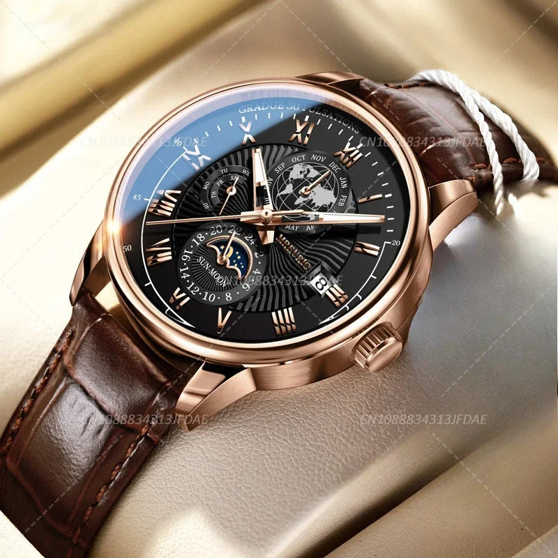 Versatile Watch For Men Trendy High end Light Quartz Watch Leather Strap Fake Three Eye Fashion Business Wristwatch