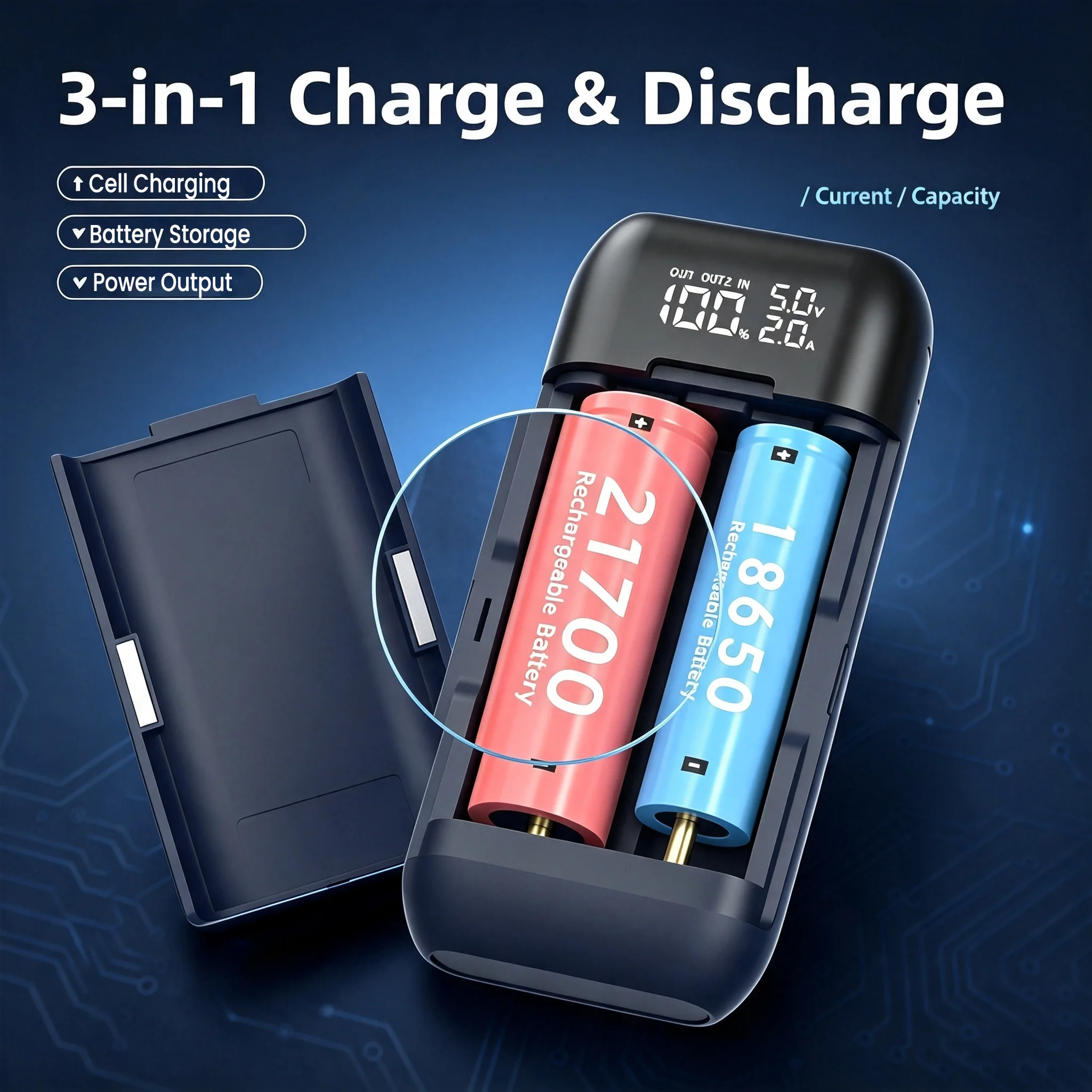 3 In 1 Yonii PD Bidirectional Power Bank Case Charger 2 Slots Magnetic Digital Display Portable For Flat Top 18650 21700 Battery