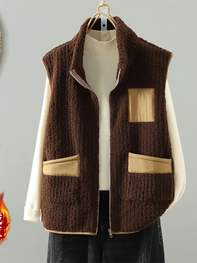 

Japanese Sle Spliced Color Fce Vest Women's Winter Loose Thiened Lamb Velvet oulder Pad Svel ort Coat