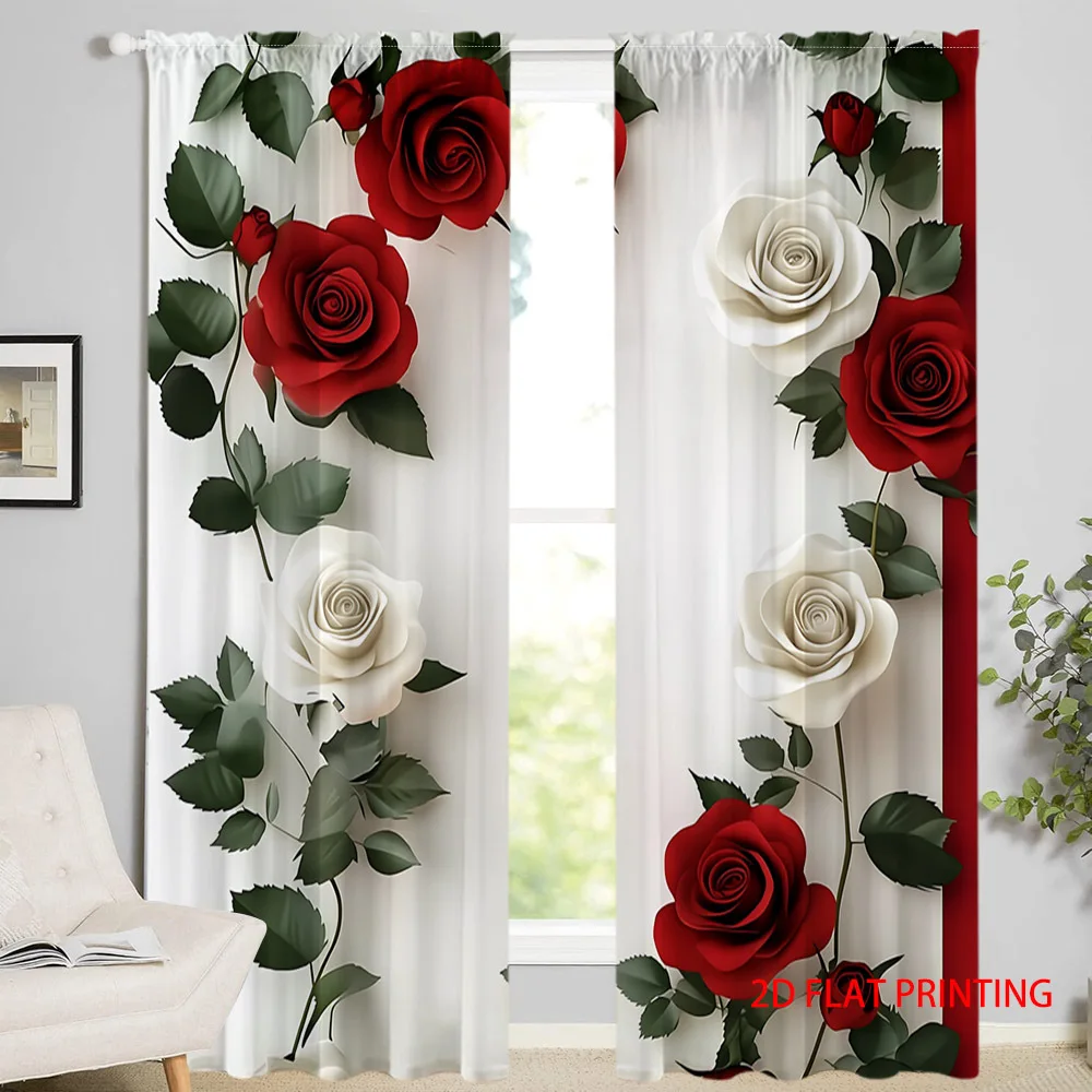 Elegant Rose Floral Print Curtains Pair Window Drapes for Home Decor Living Room Bedroom Curtain Panels Realistic Aesthetic Art