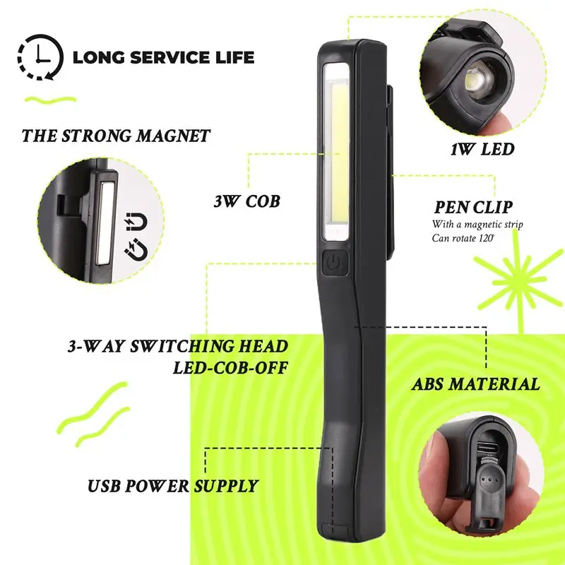 Hot Trend-Rechargeable LED COB Portable Camping Work Inspection Light Lamp Hand Torch Magnetic For Household Workshop Automobile