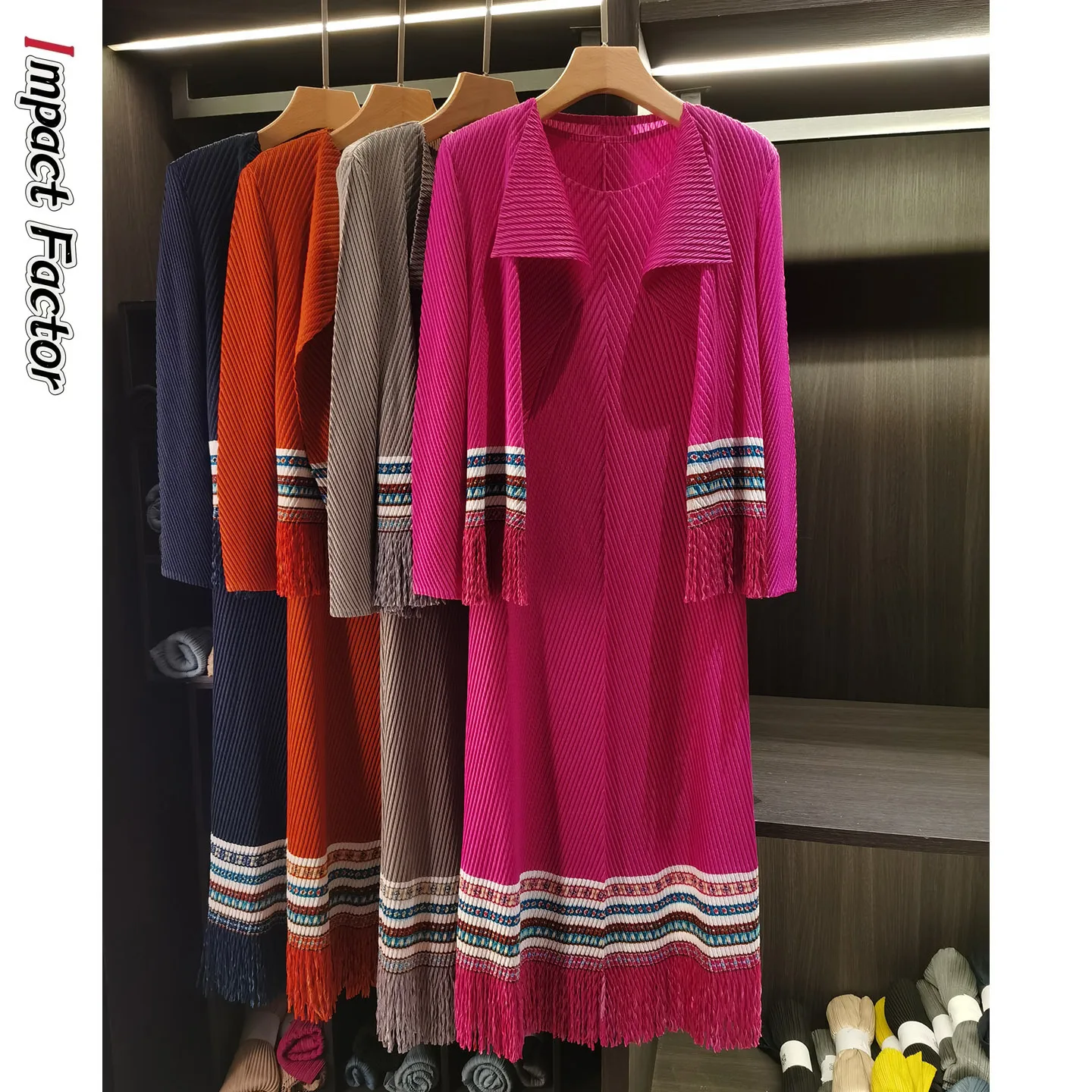 

Miyake Высококачественный модный элегантный плиссированный комплект из двух предметов с чешуей дракона, свободное пальто с длинными рукавами + жилет, однотонное платье