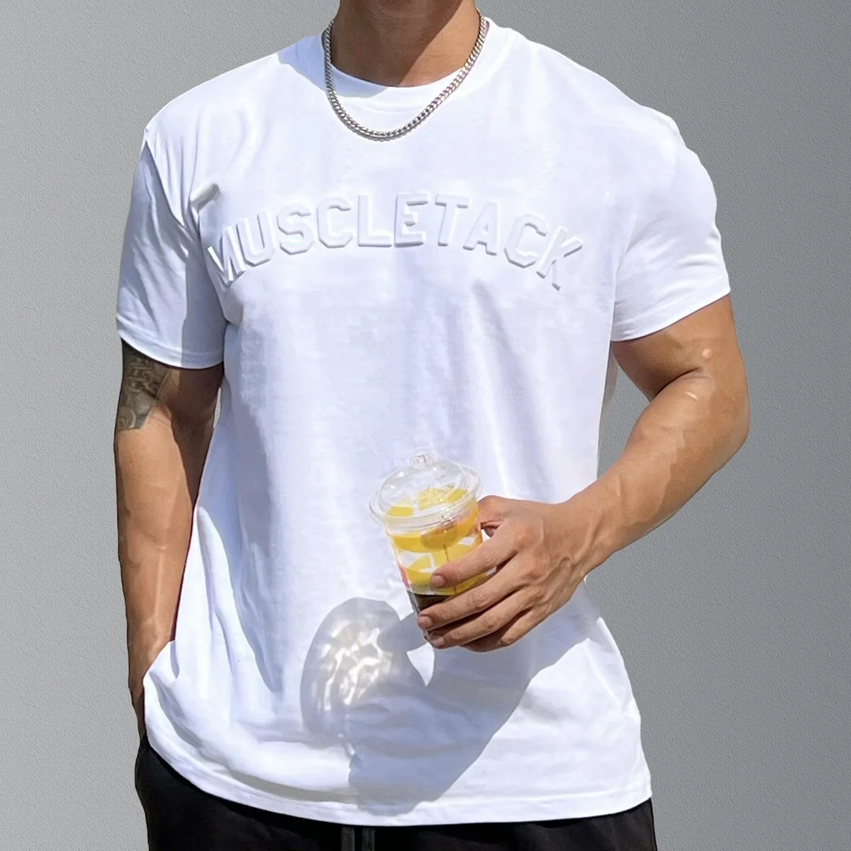 American Vintage Heavyweight Cotton Men's T-shirt Letter Embossed Steel Print Sports Loose Short-sleeved Cuff Fitness Gym Tee