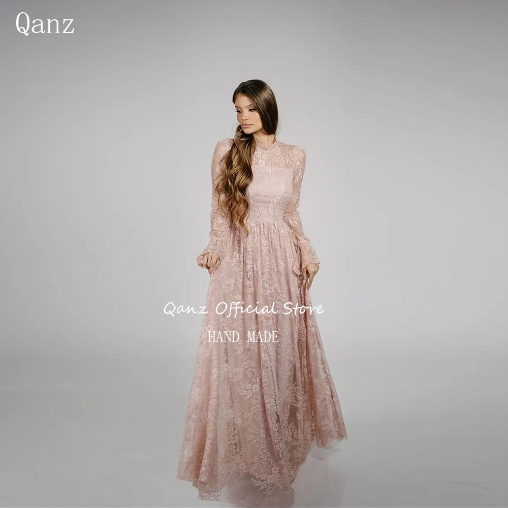 

Qanz Exquisite Lace Pink Evening Dresses High Neck Long A Line Dresses For Wedding Guests Full Sleeves Robes De Soiré Customized