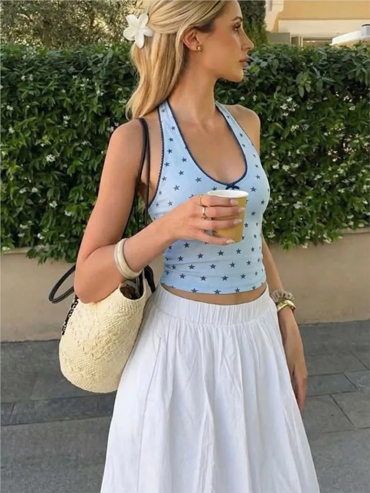 Star Print Color Blocked Neckless Halter Top Summer Sexy American Style Girl Style Waist Cinching Slim Figure Revealing Back Top