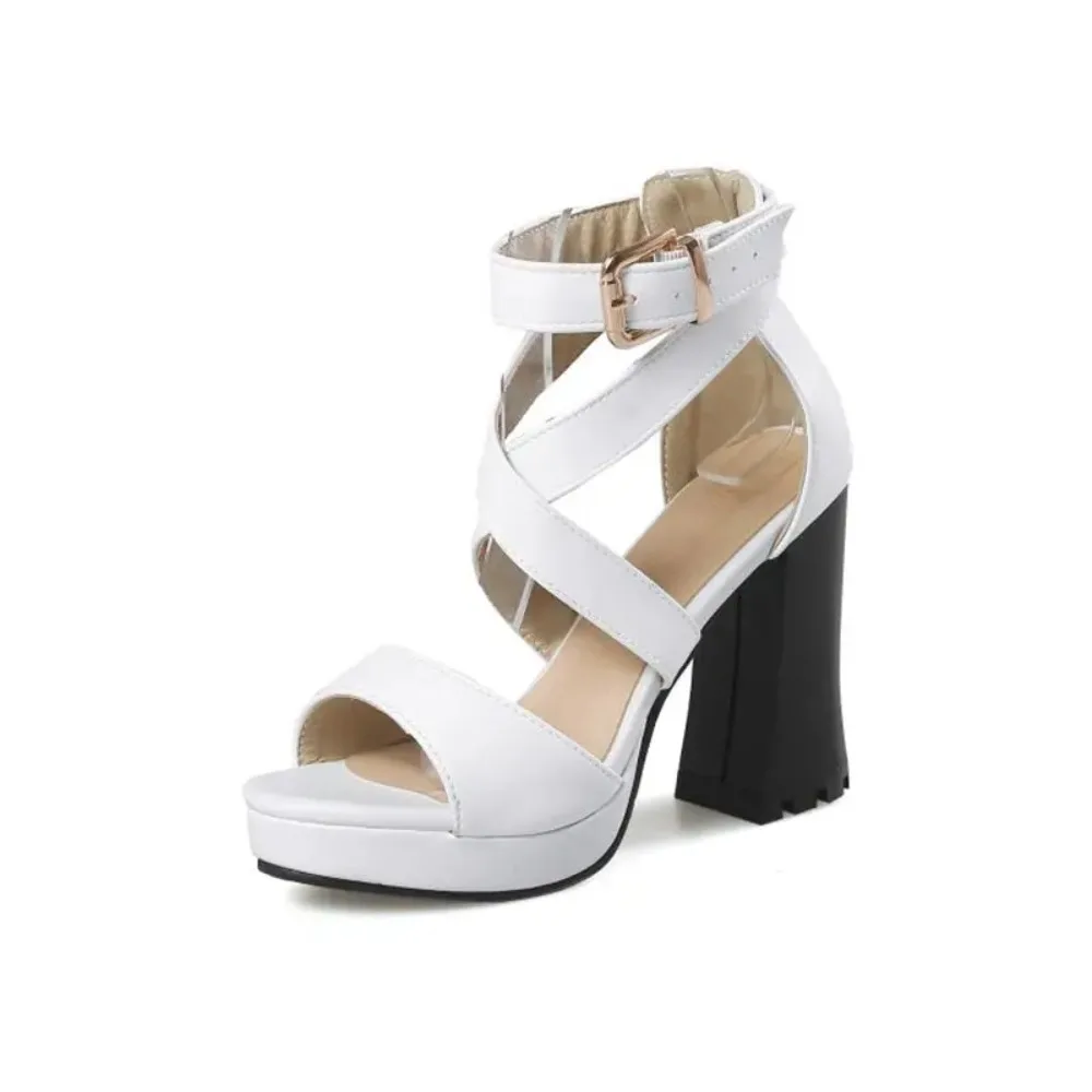 Women Ankle Strap Platform Sandals 11CM Block High Heels Open Toe Big Size 32-50 Black Yellow White Party Dress Shoes T8675