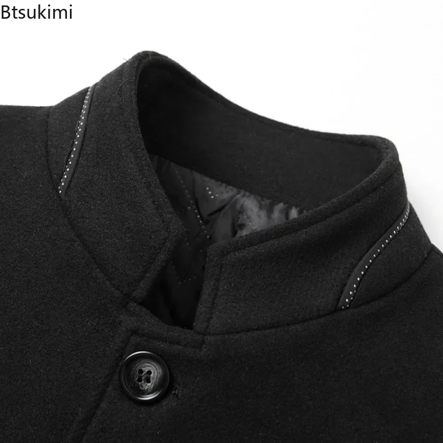 2025 Men's England Style Woolen Coats Fashion Stand Collar Suit Trench Coats Autumn Winter Mid-length Warm Wool Blend Coats Male