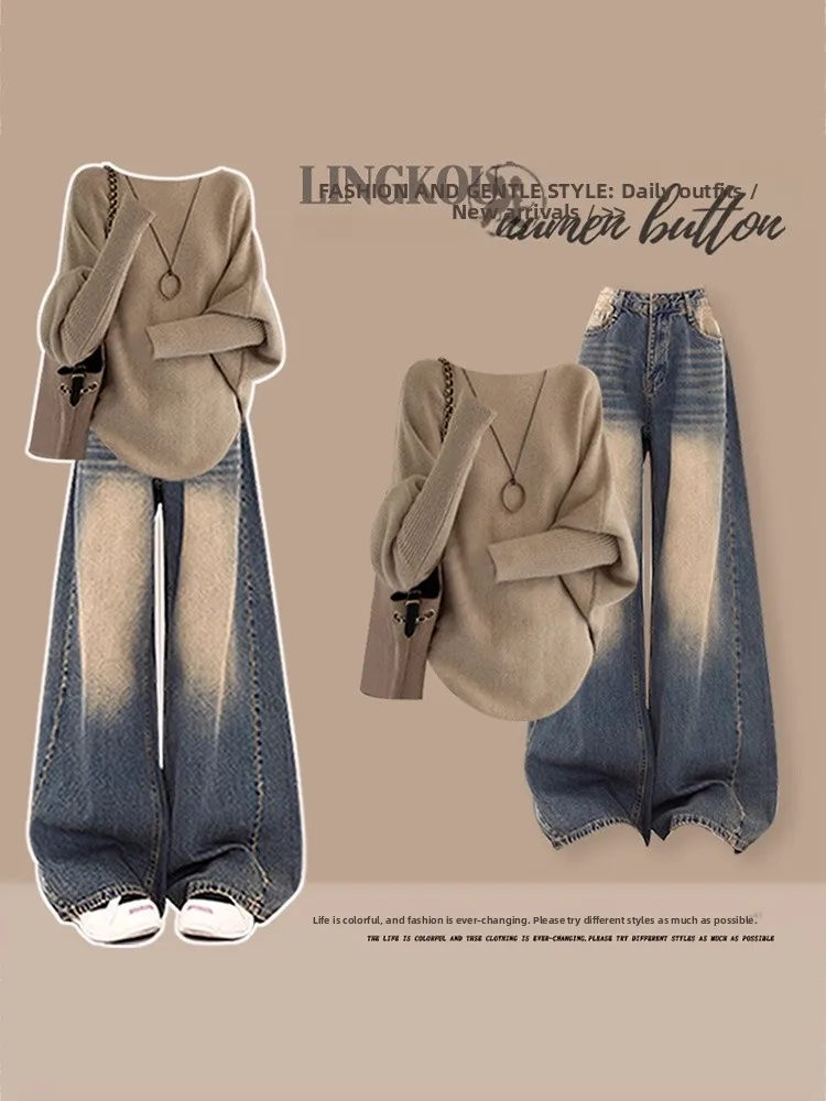 

Ретро-комплект из вязаного свитера и джинсов с высокой талией для женщин: свободный повседневный костюм в корейском стиле, осенняя коллекция