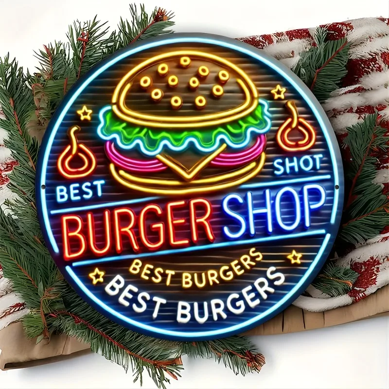 CIFBUY Retro 2D Flat Aluminum Wall Art, Waterproof Durable Burger Sign, Colorful Decor For Garden Garage Restaurant Cafe Bar